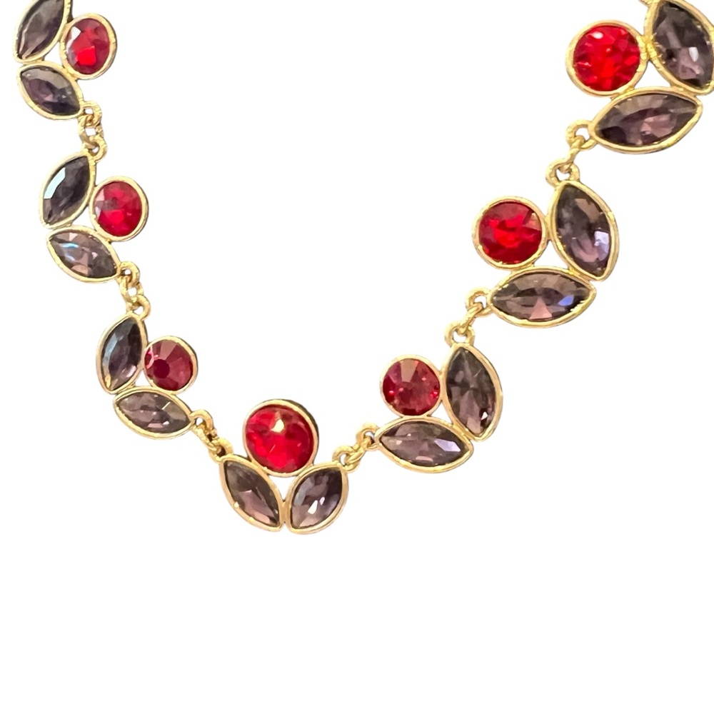 Liz Claiborne Statement Necklace Signed Red Purple Stone Flowers‎ Gold Tone 20” - Picture 2 of 14